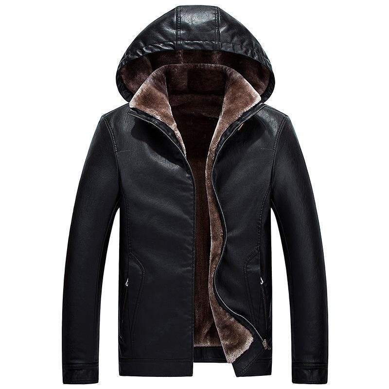 Mens Fashion PU Zipper Windproof Hooded Warm Jacket - Trendha