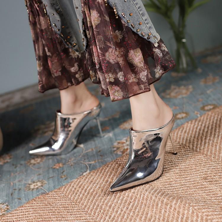 Stiletto High Heels Pointed Toe Silver Patent Leather Toe Cap Iron Heel Sandals And Slippers - Trendha