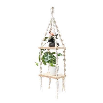 2 Tiers Wooden Wall Hanging Shelf Bohemian Handmade Macrame Wall Rope Rustic Shelves Floating Plant Rack Home Office Decorations - Trendha