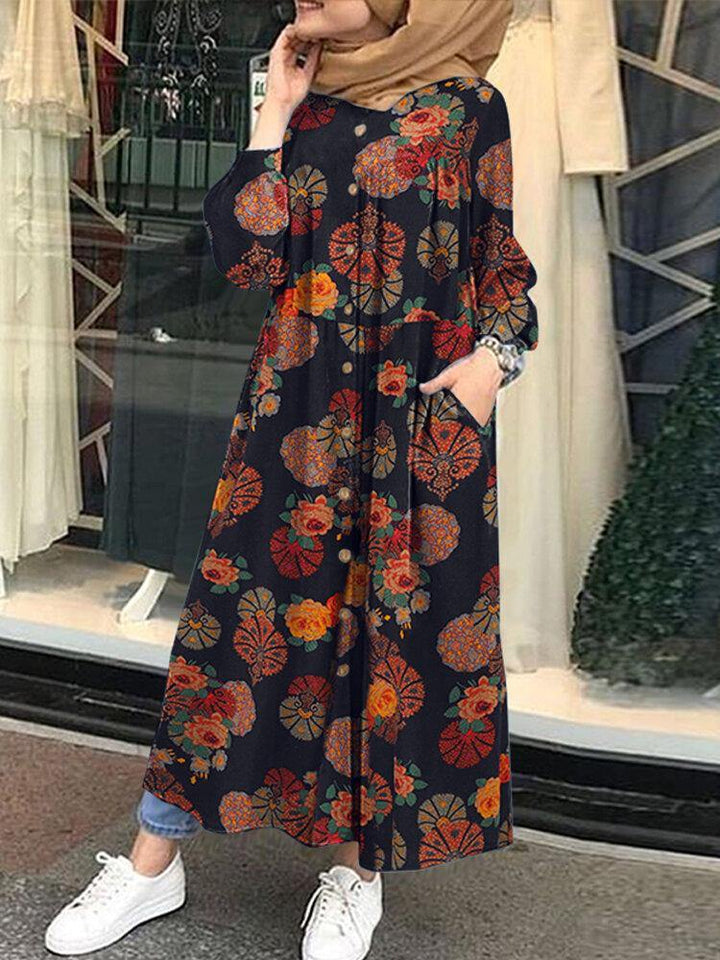 Women Retro Floral Print O-neck Button Robe Shirt Maxi Dress With Pocket - Trendha