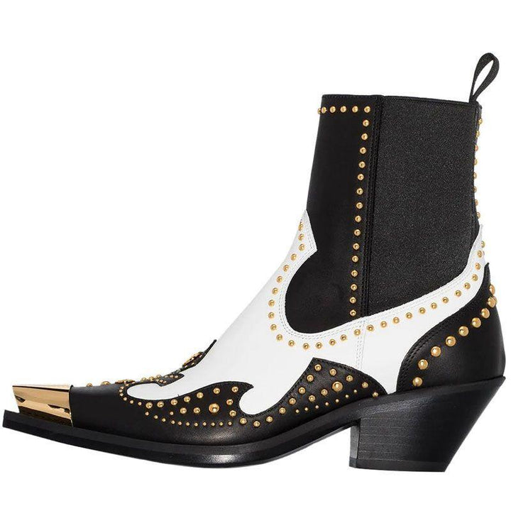 Metal Pointed Rivets Leather Ankle Boots Chunky Heel - Trendha