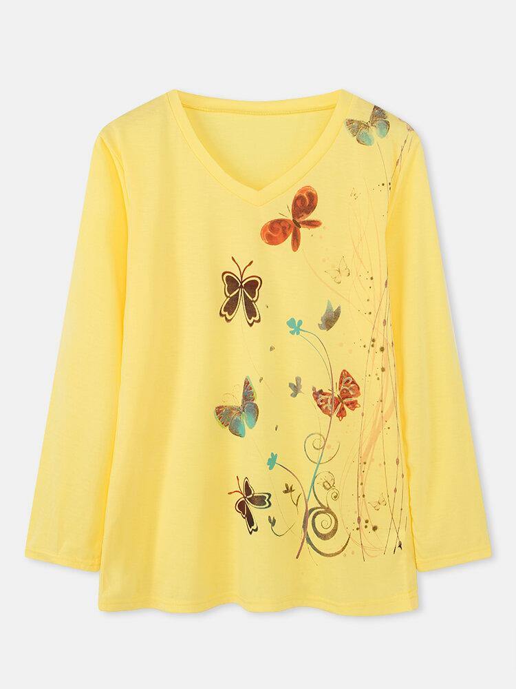 Women Butterfly Print V-neck Regular Fit Long Sleeve Casual T-Shirt - Trendha
