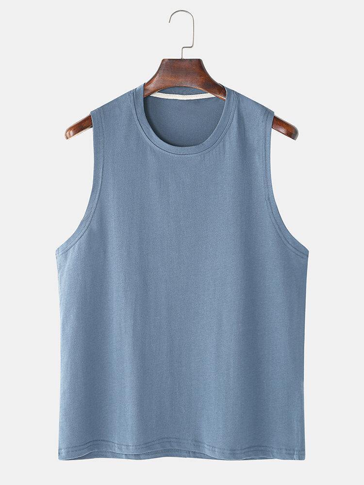 Breathable Cotton Solid Color Casual Round Neck Sleeveless Tank Tops - Trendha