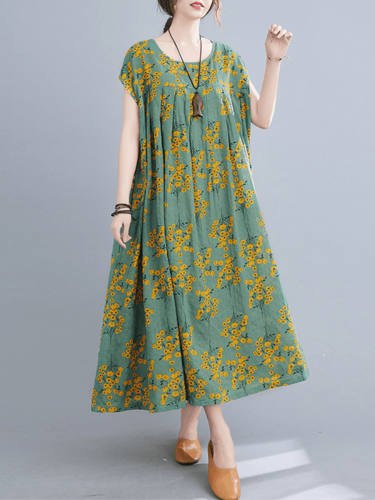 Floral Printed Bohemian Europe Retro Style O-Neck Loose Dress - Trendha