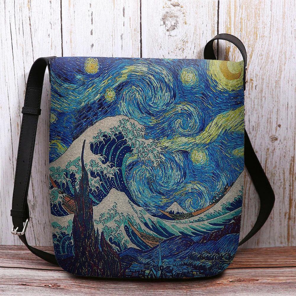 Women Felt Sea Wave Starry Sky Pattern Oil Painting Style Prints Crossbody Bag Shoulder Bag - Trendha