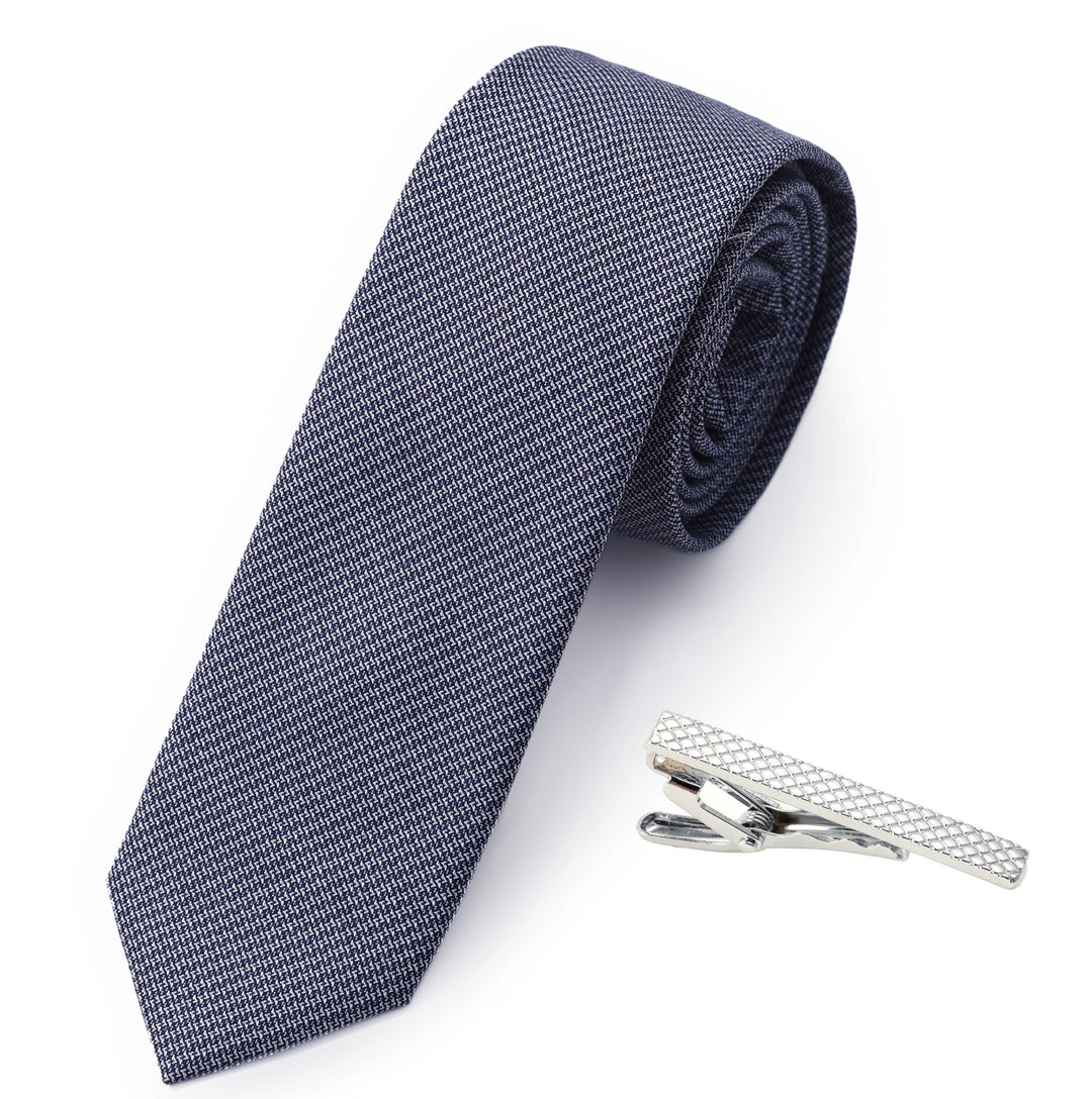 2.4 inch Chambray Skinny Cotton Blue Ties for Men Summer Necktie Royal Navy Blue Tie with one Tie Clip Gift Set - Trendha