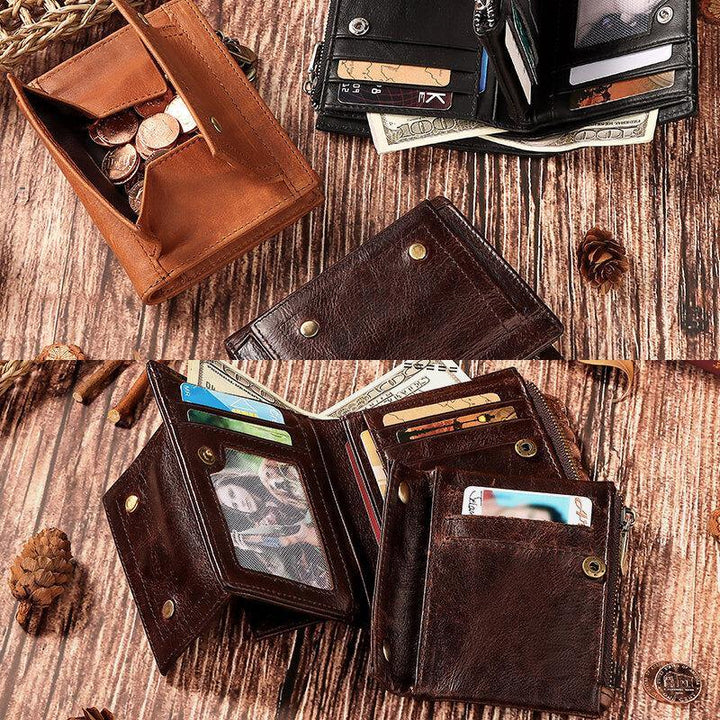Men Genuine Leather RFID Anti-theft Double Zipper Retro Business Multi Card Slot Leather Card Holder Wallet - Trendha
