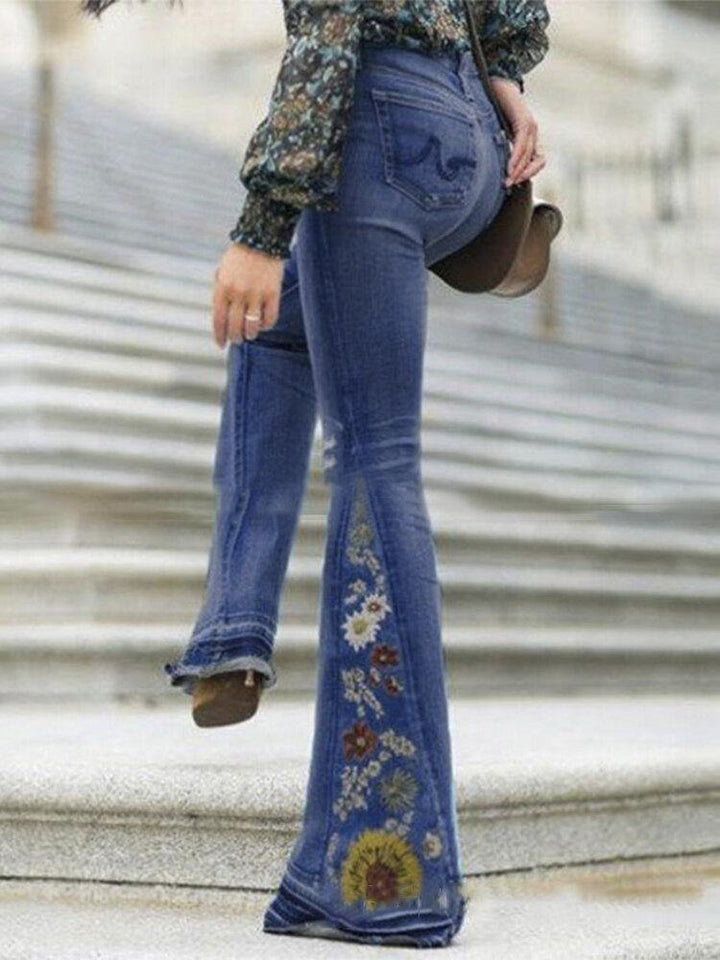 Women Floral Embroidery Stylish Casual Bell-Bottom Jeans With Pockets - Trendha