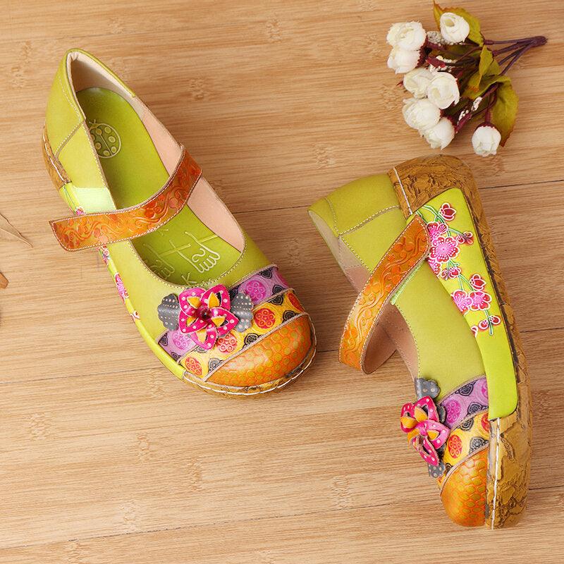 Women Genuine Leather Folkways Vintage Flowers Hook Loop Summer Platform Wedge Sandals - Trendha