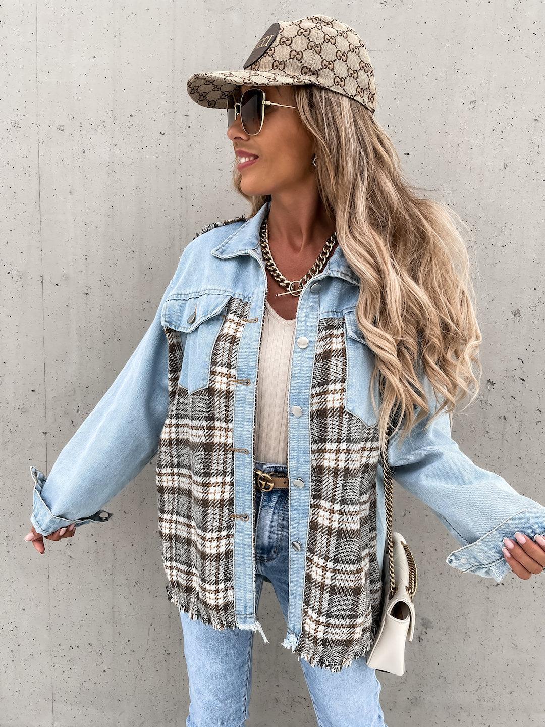 Denim Stitching Plaid Coat Loose Top Women - Trendha