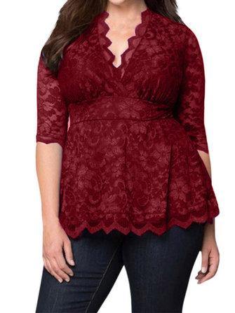 Sexy Women Lace Embossing V-Neck Pure Color Half Sleeve Blouse - Trendha