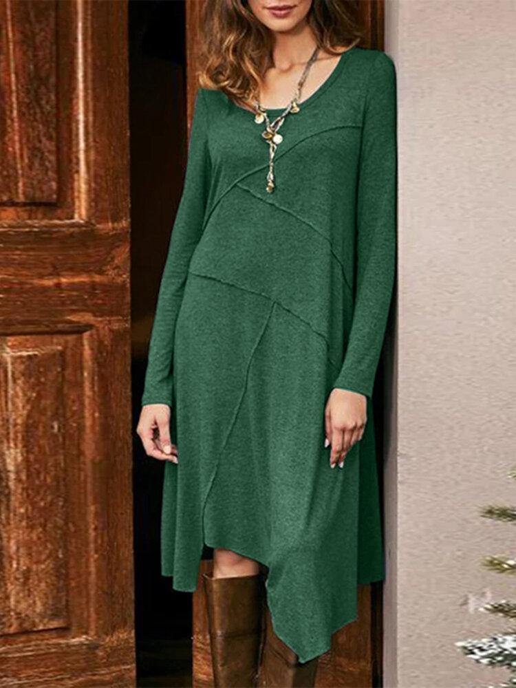 Women Solid Color Long Sleeve Asymmetrical Hem Casual Dresses - Trendha