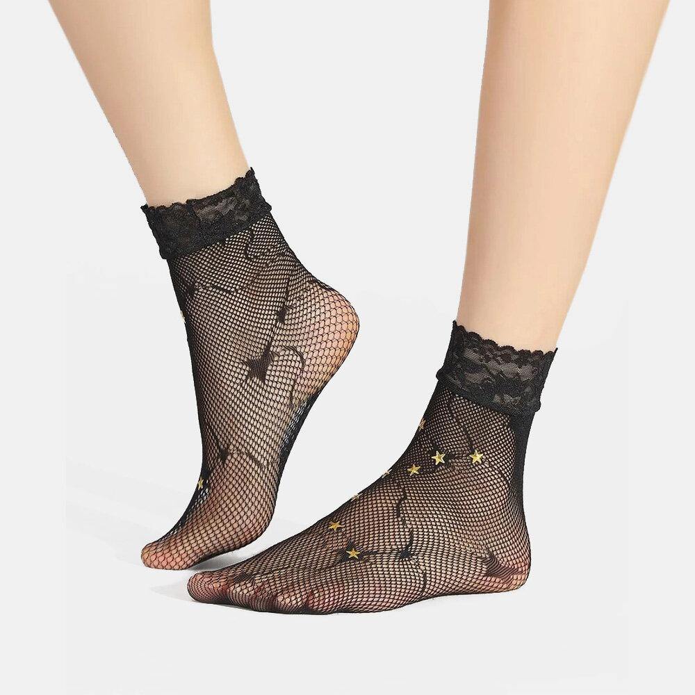3 Pairs Women Five-pointed Star Decoration Short Sock Thin Lace Hollow Breathable Silk Stockings Tube Socks - Trendha