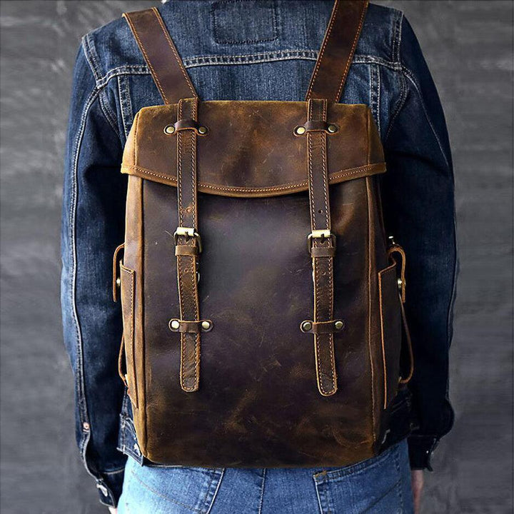 Men PU Leather Contrast Color Vintage Business Outdoor Large Capacity 14 Inch Laptop Bag Backpack - Trendha