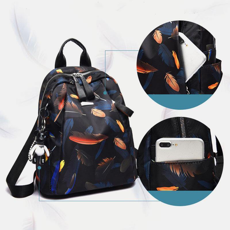 Women Oxford Butterfly Feather Pattern Large Capacity Headset Hole Waterproof Anti-Theft Casual Backpack - Trendha