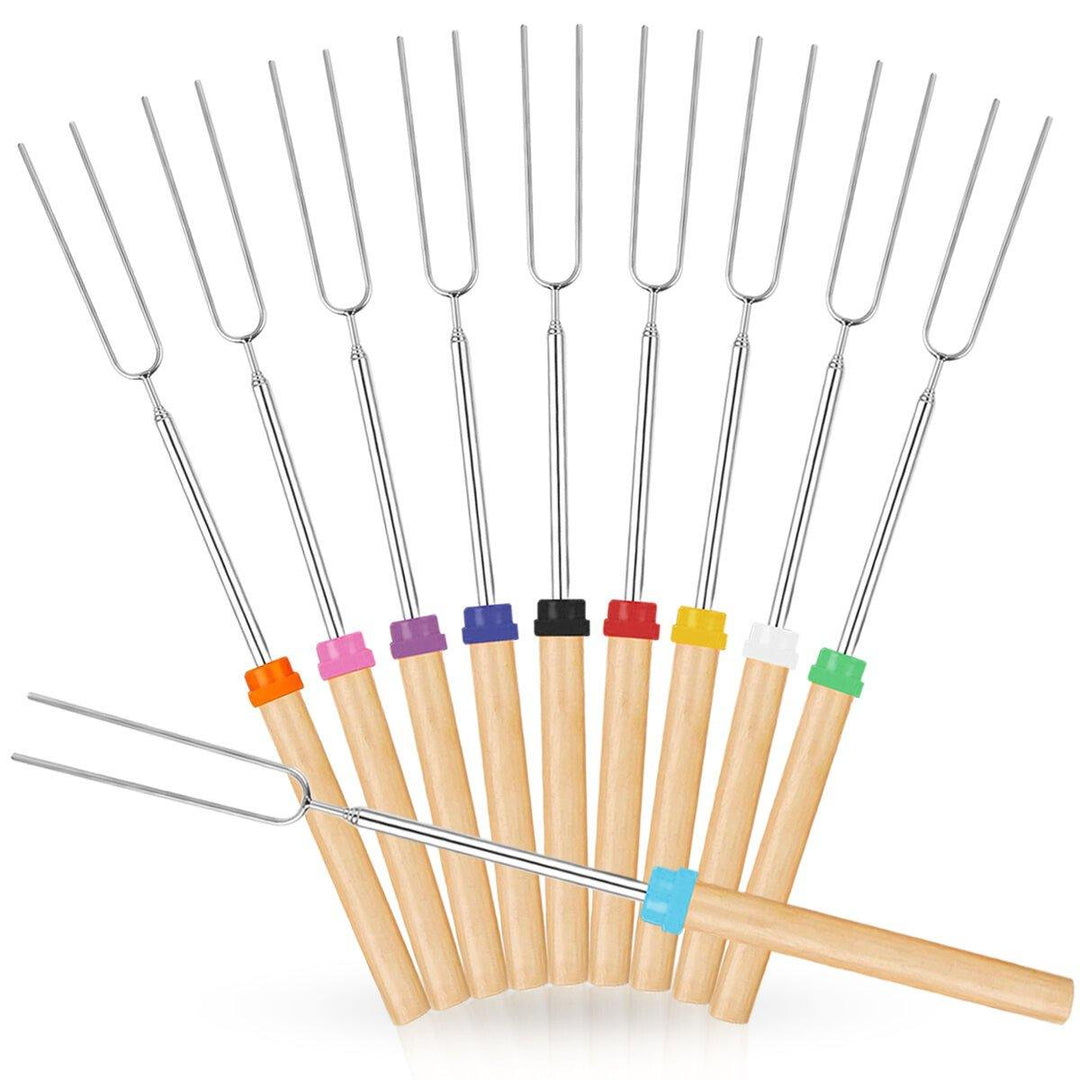 10 Pcs BBQ Fork Stainless Steel BBQ Skewer Wooden Handle BBQ Needle Reusable Barbecue Meat String Grill Fork BBQ Accessories - Trendha