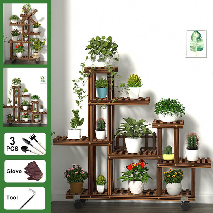 Multi Tier Wooden Plant Flower Stand Plants Shelf Bookshelf Standing Flower Potted Windmill Plant Holder Display Outdoor Decor Planting Tools Kit with Wheel - Trendha