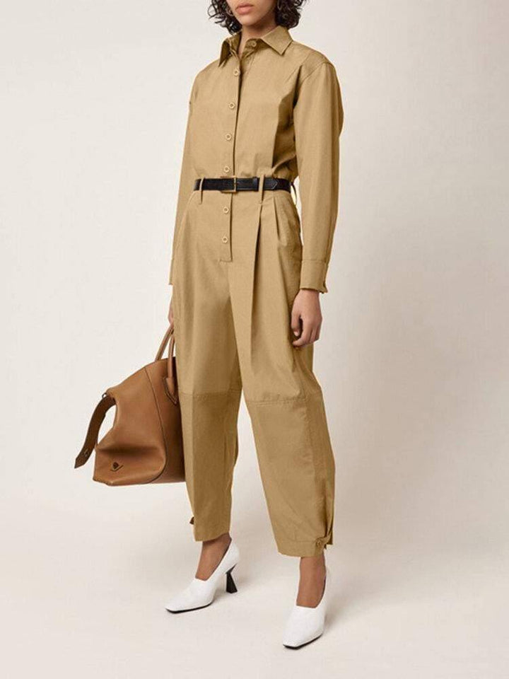 Women Solid Color Button Up Lapel Long Sleeve Casual Stitching Cargo Jumpsuit - Trendha