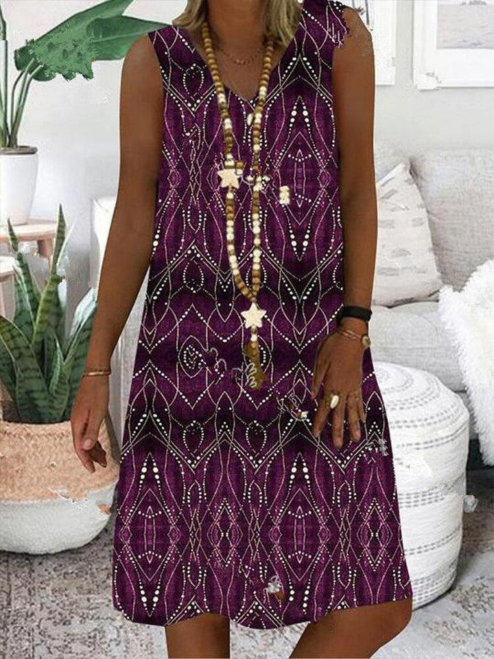 Women Print Sleeveless V-neck Vintage Casual Dress - Trendha