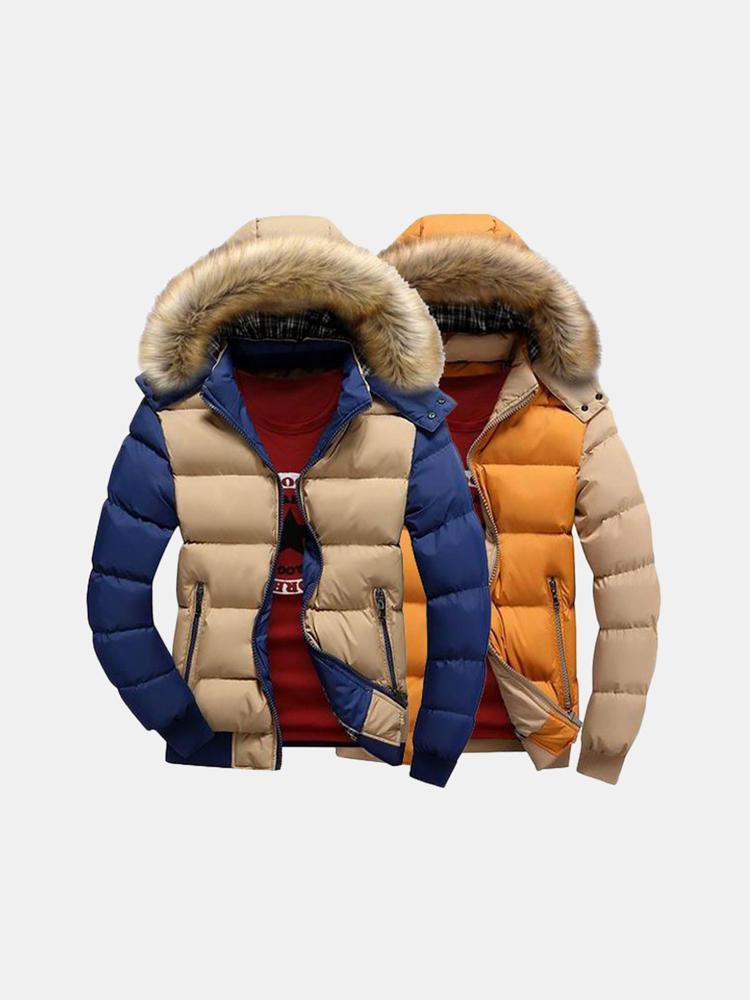 Mens Thick Warm Coat Color Splicing Detachable Hooded Puffer Jacket - Trendha