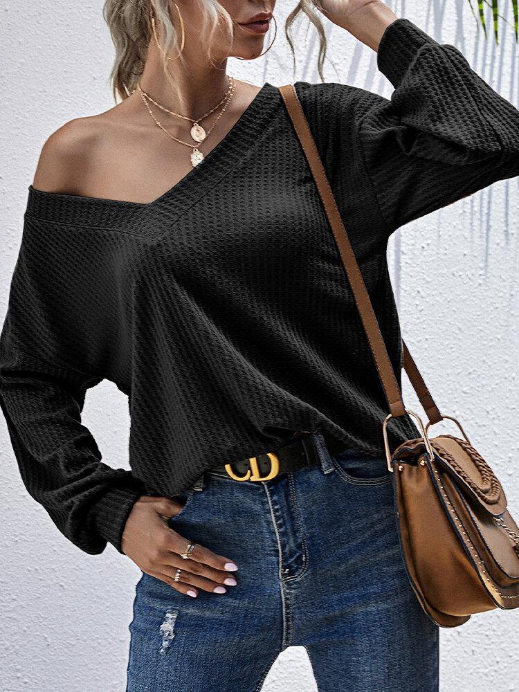Women Texture Knit V-Neck Pure Color Long Sleeve Plain Sweaters - Trendha
