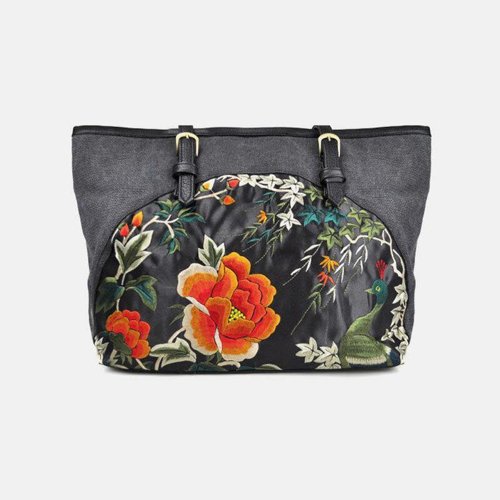 Women Canvas Ethnic Style Embroidered Floral Large Capacity Handbag Shoulder Bag Tote - Trendha