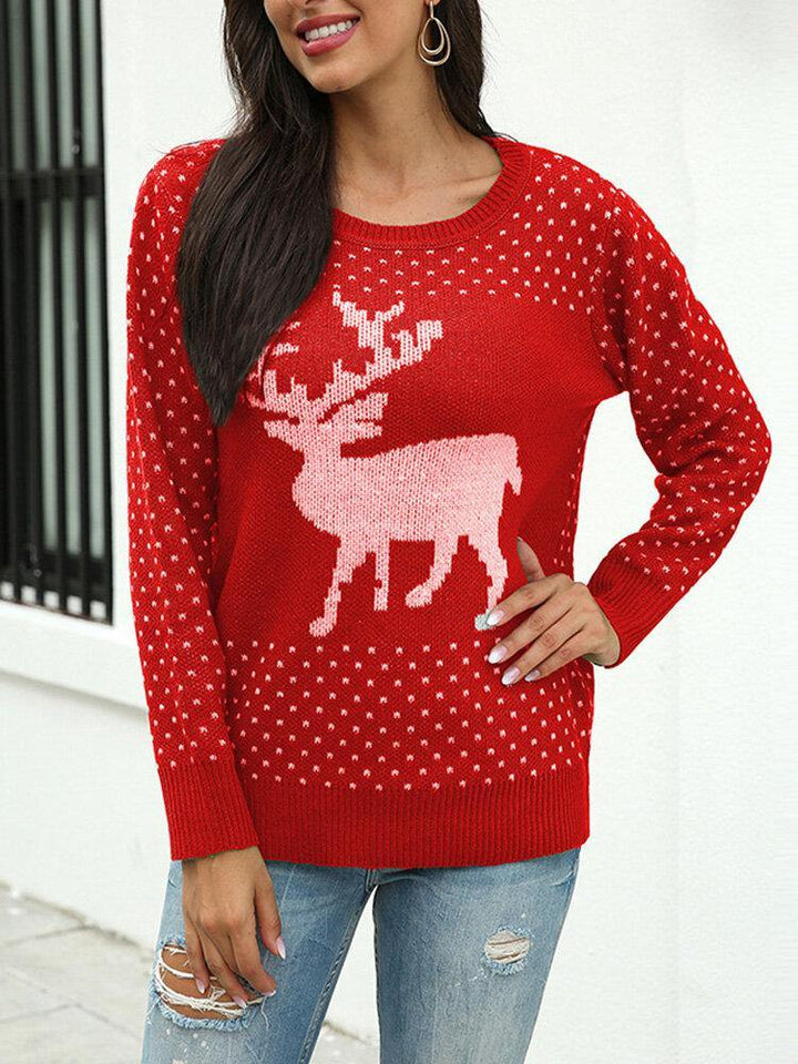 Women Christmas Reindeer Snowflake Pattern O-Nekc Long Sleeve Knitting Sweater - Trendha
