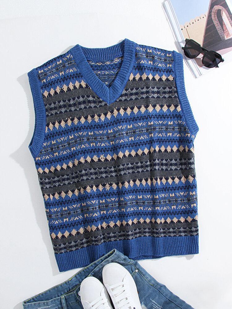 Mens Geometric Graphics Knitted V-Neck Sleeveless Sweater Vests - Trendha