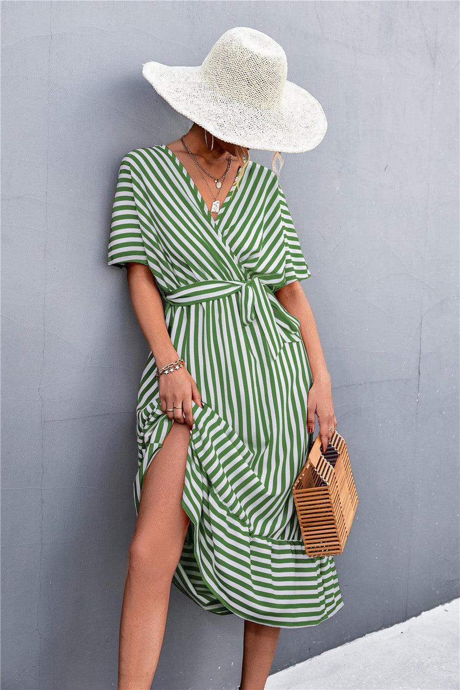 European And American Spring And Summer New Classic Hot Selling Product Cross V-neck Lace-up Striped Dress - Trendha