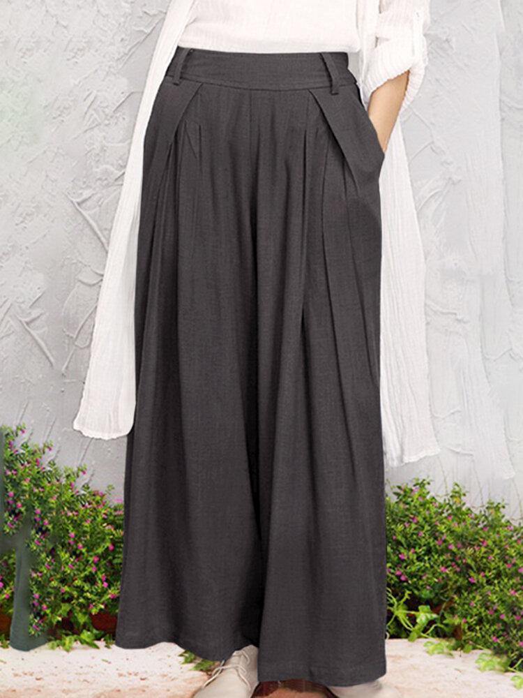 Wide-legged Elastic Waist Solid Color Pants With Side Pockets - Trendha