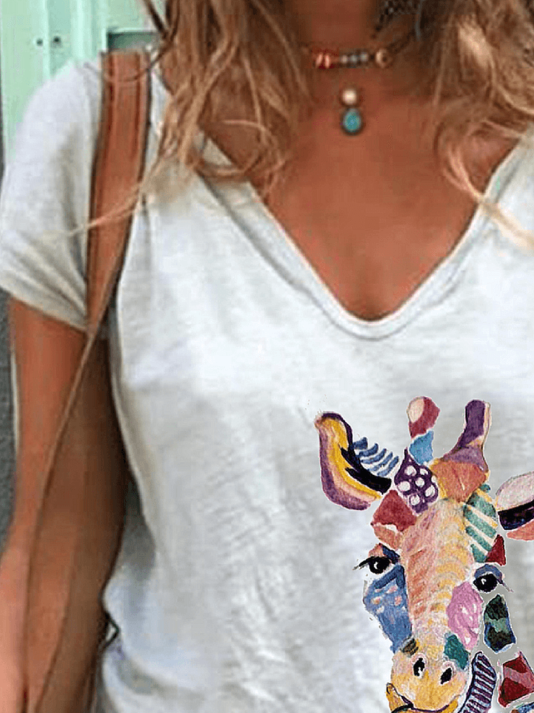 Cartoon Giraffe Animal Print V-neck Short Sleeve Loose T-shirts For Women - Trendha