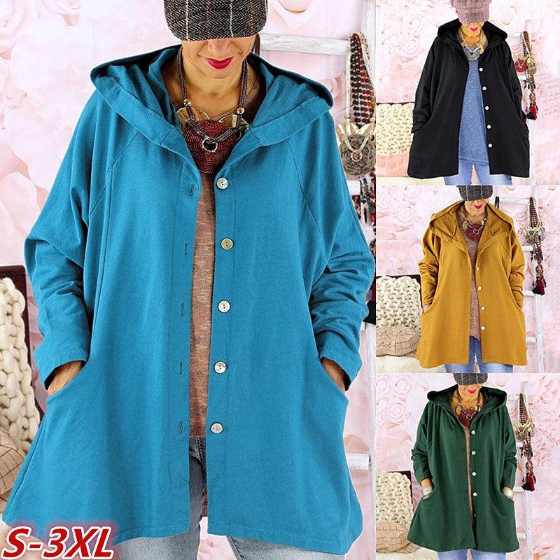 Solid color breasted hooded women's trench coat - Trendha