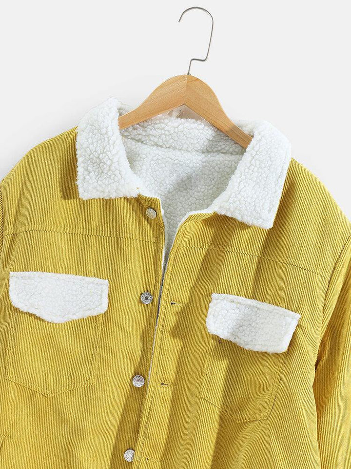 Mens Corduroy Multi Pocket Button Up Warm Shearling Lined Jacket - Trendha