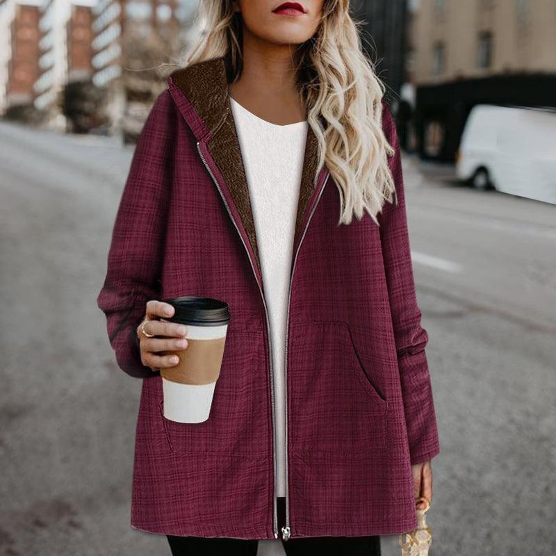 Pure color plus fleece hooded zipper women's jacket - Trendha