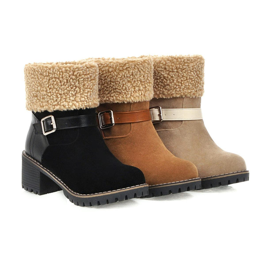 Women's Short Boots With Round Toe Thick Heel Belt Buckle - Trendha
