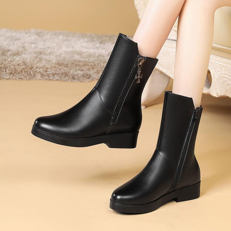 New velvet padded mid-tube thick heel women's boots - Trendha