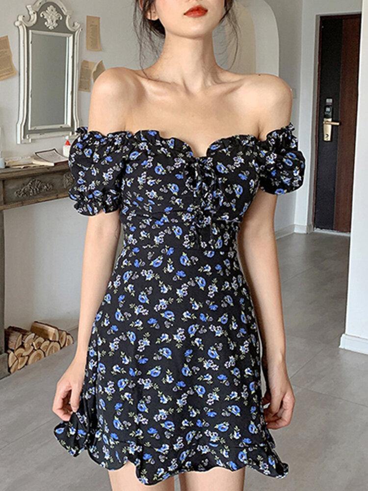 Puff Sleeve Floral Sweet Leisure Summer Holiday Dress For Women - Trendha