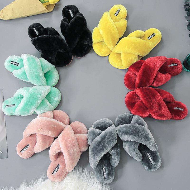 Cross open-toe fur slippers - Trendha