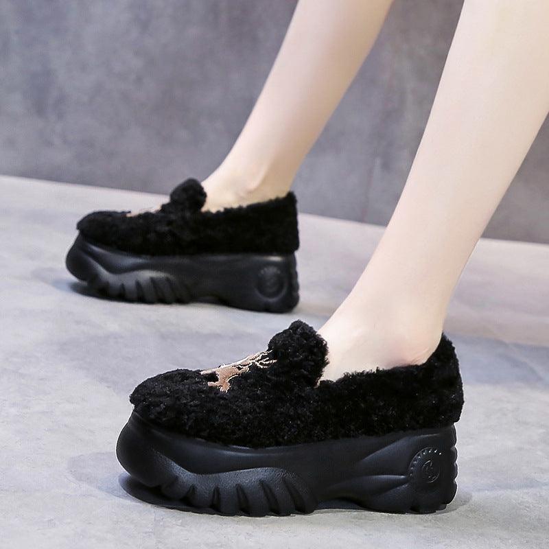 Winter Plus Velvet Inner-increasing Mid-heel Platform Women's Peas Shoes - Trendha