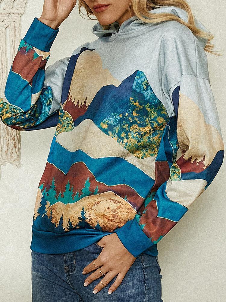Women Landscape Print Drop Shoulder Casual Pullover Hoodies - Trendha