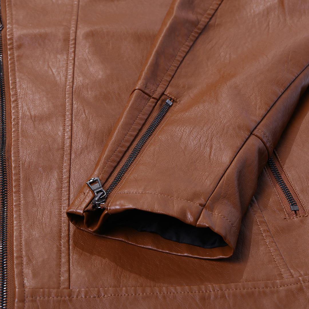 Men Zipper Cuff Multi Pockets Leather Rider Jacket - Trendha