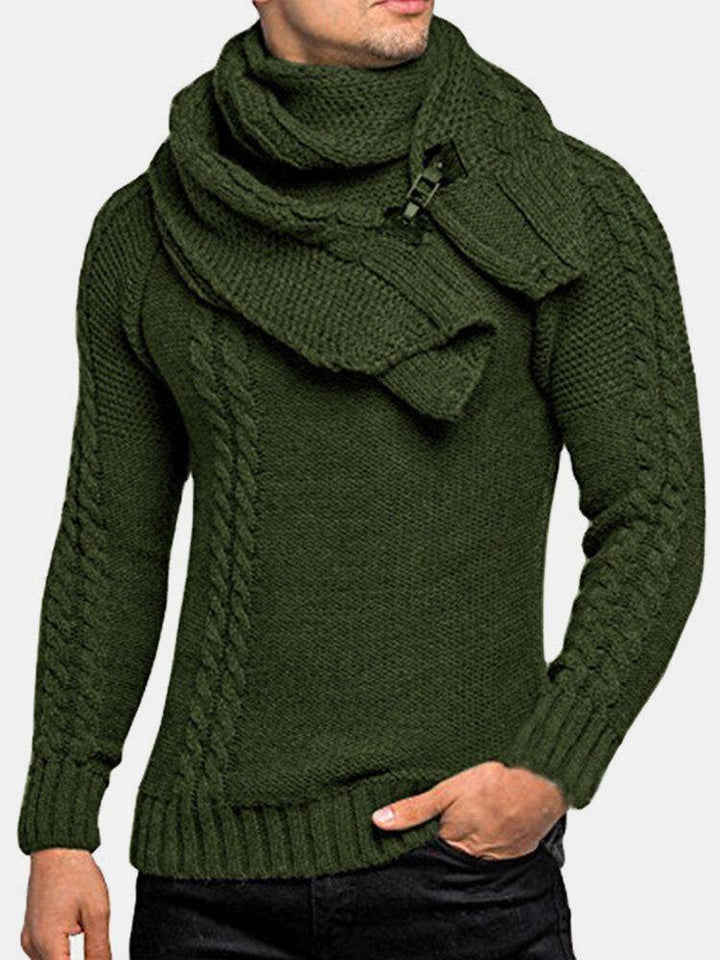 Mens Warm Solid Color Round Neck Long Sleeve Knitted Sweaters With Scarf - Trendha
