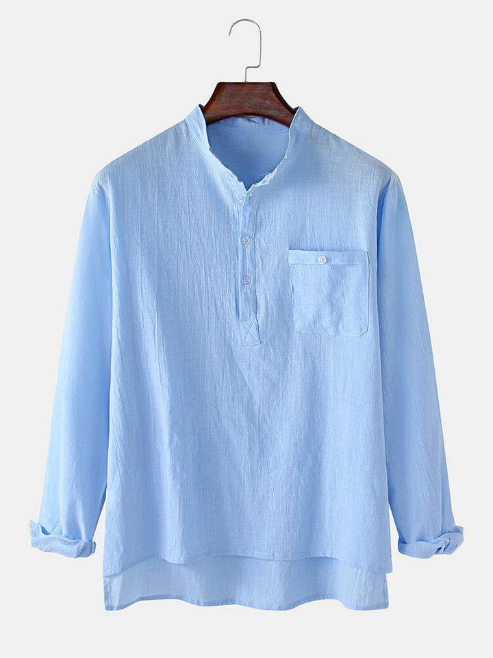 Mens Flax Chest Pocket Long Sleeve Solid Color High-Low Hem Henley Shirts - Trendha