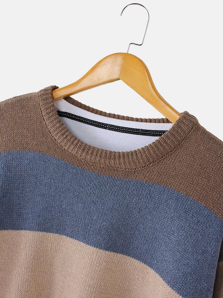Mens Striped Knitting Round Neck Long Sleeve Warm Sweaters - Trendha