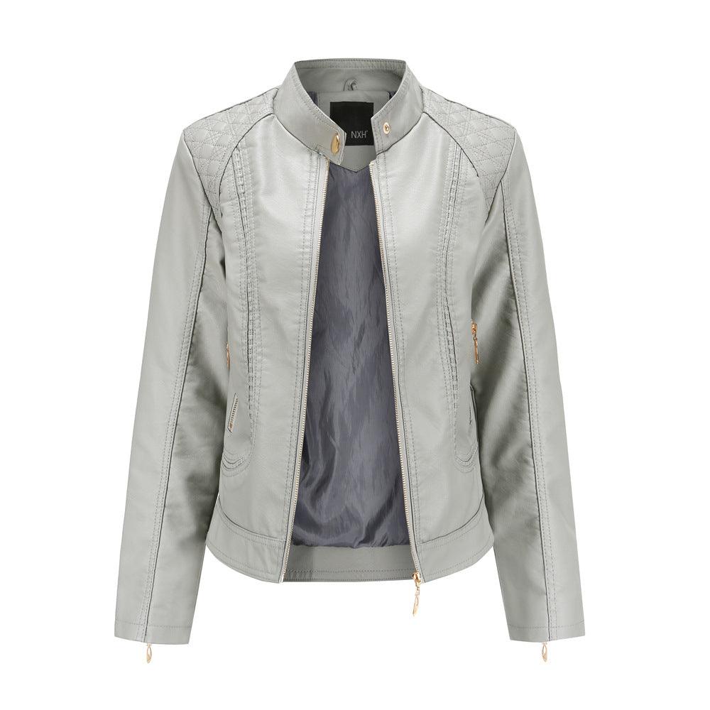 Women's stand collar PU leather jacket