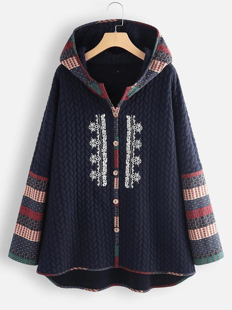 Women Vintage Ethnic Pattern Print Patchwork Hooded Coat With Pocket - Trendha