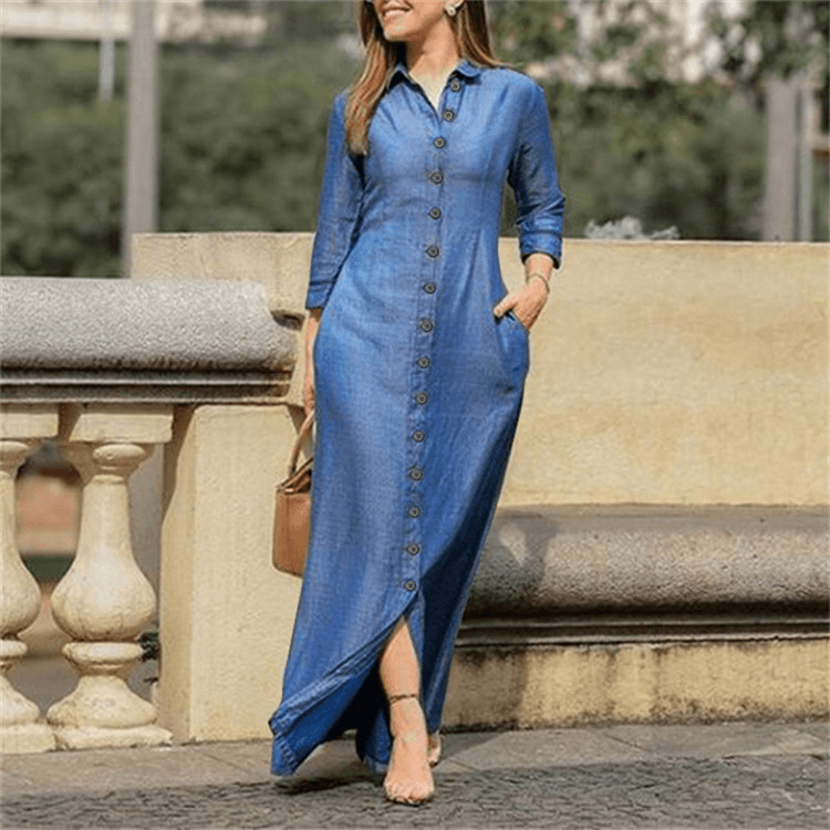 Floral Embroidery Lapel Collar Long Sleeve Button Daily Casual Maxi Shirt Dress For Women - Trendha
