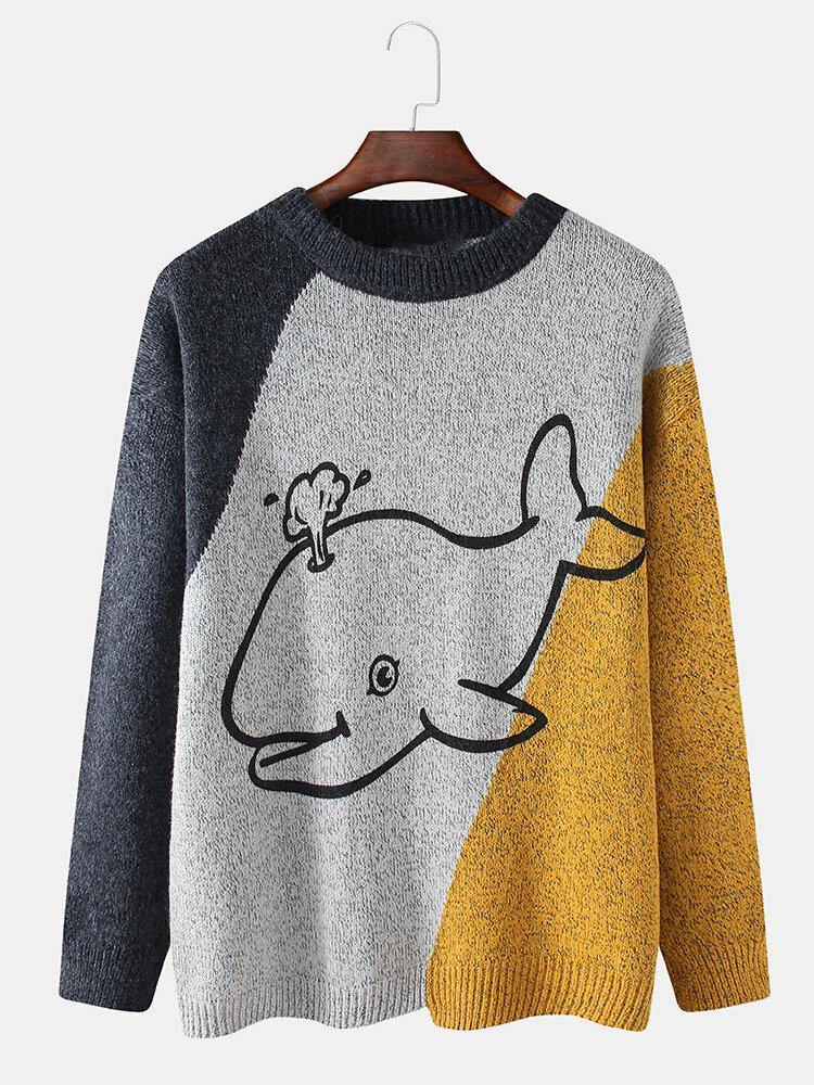 Mens Cartoon Whale Graphics Colorblcok Long Sleeve Cute Knitted Sweaters - Trendha