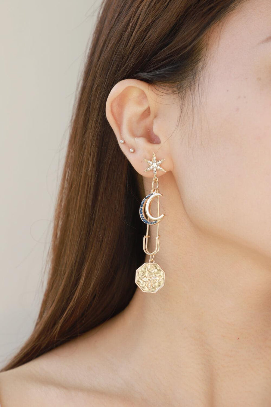 Inlaid Rhinestone Moon and Star Drop Earrings - Trendha