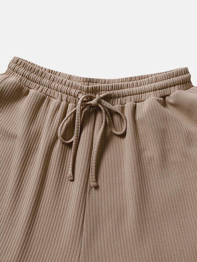 Solid Color Plain Drawstring Waist Rib-knit Tapered Pants For Women - Trendha